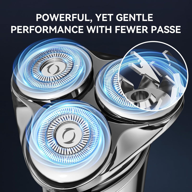 Electric Razor for Men - Rechargeable Electric Shavers for Men, 3D Magnetic Floating Head Mens Rotary Shaver for Shaving Face Beard Shaver IPX6 Waterproof LCD Display Beard Trimmer for Mens Gift Silver