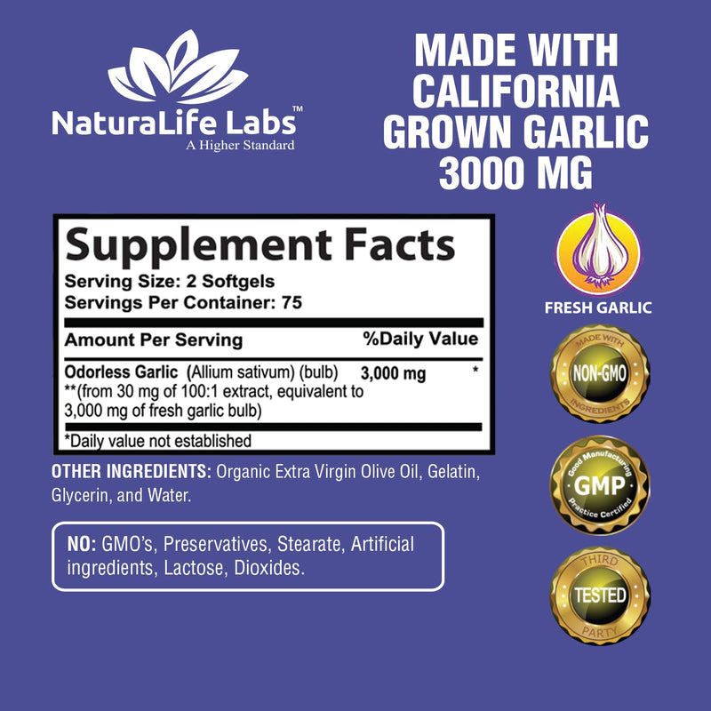 [Australia] - Odorless Pure Garlic 3000 mg per Serving Maximum Strength 150 Soft gels Promotes Healthy Cholesterol Levels Immune System Support 