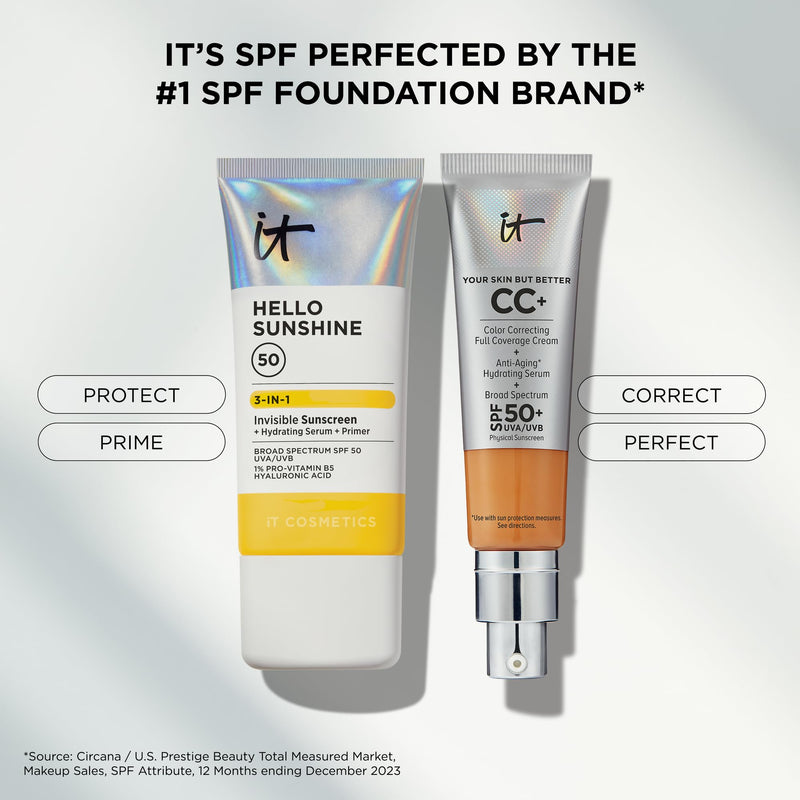 IT Cosmetics Hello Sunshine Hydrating Serum Facial Sunscreen SPF 50 | 3-in-1 Daily Face Sunscreen + Hydrating Serum + Makeup Primer - No White Cast, Sun + Pollution Protection for Face and Neck 2.7 Fl Oz