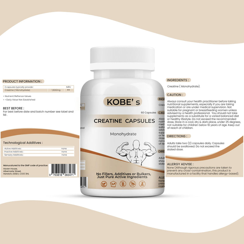 Creatine Monohydrate Capsules | No fillers, Additives or Bulkers, Pure Active Ingredients | 60 Creatine Capsules for Lean Muscle Mass and Strength | Made in UK (Pack of 2) 60 count (Pack of 2)