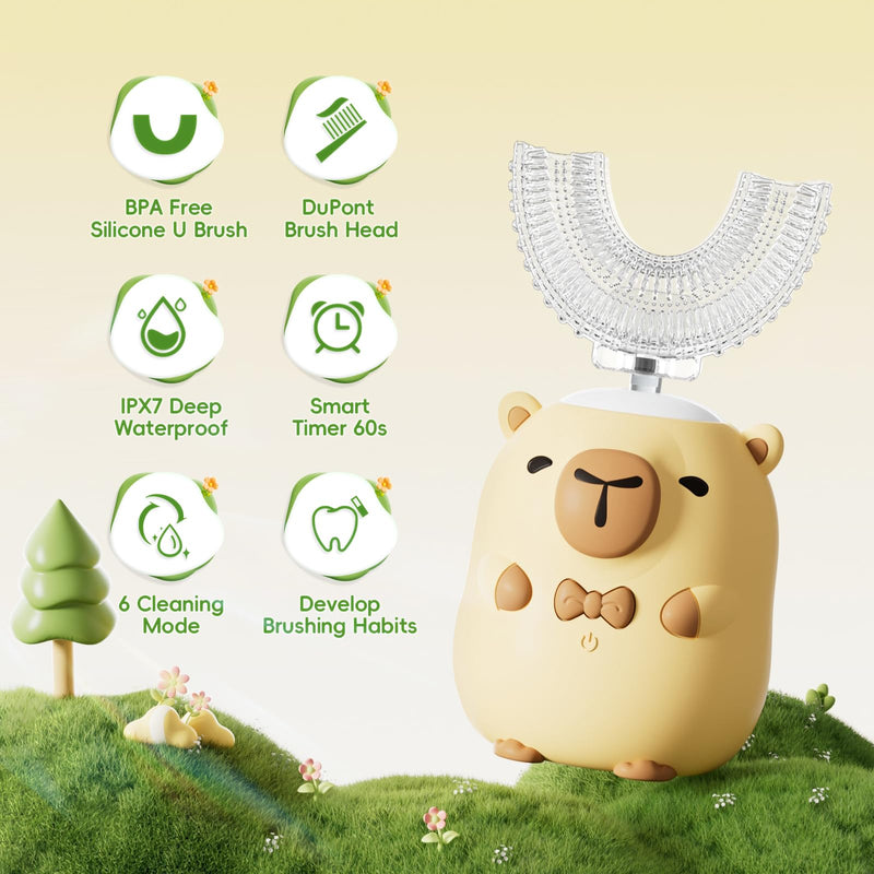 [Australia] - Kids Electric Toothbrush U Shaped - Cartoon Capybara with 6 Brush Heads Full Mouth Degree Cleaning Sonic Toddler Automatic Toothbrush with IPX7 Waterproof (Capybara 2-14 Years) Capybara 2-14 Years 