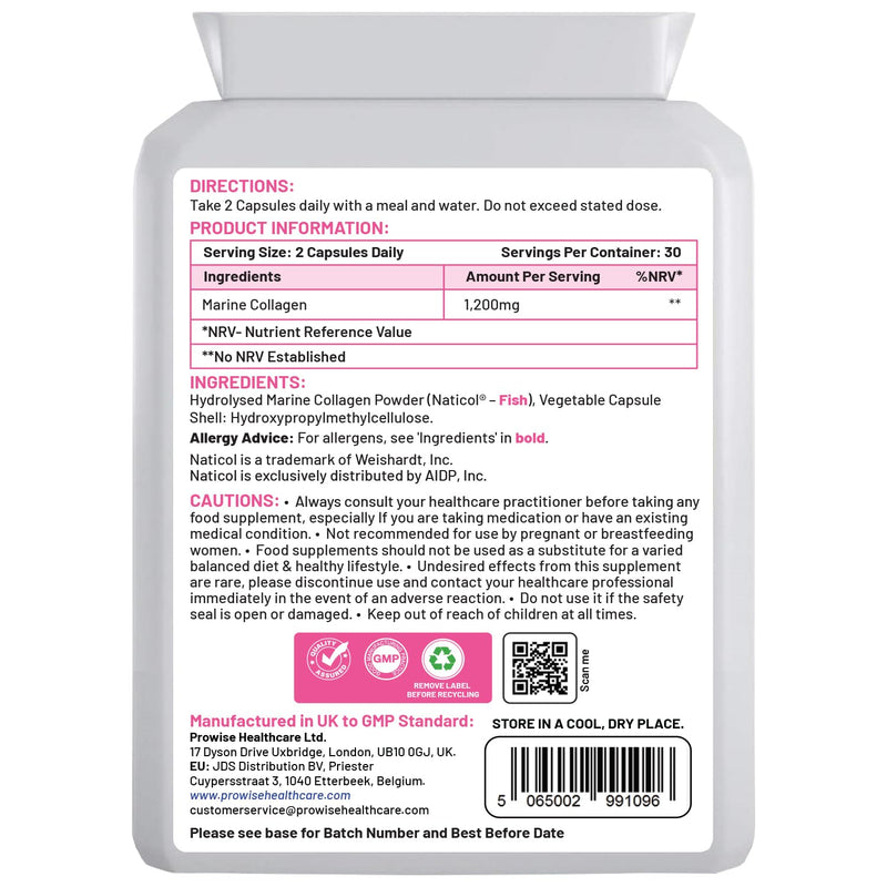 Marine Collagen+ 1200mg - 60 Capsules | No Synthetic Fillers or Binders |UK Manufactured | GMP Standards by Prowise Healthcare