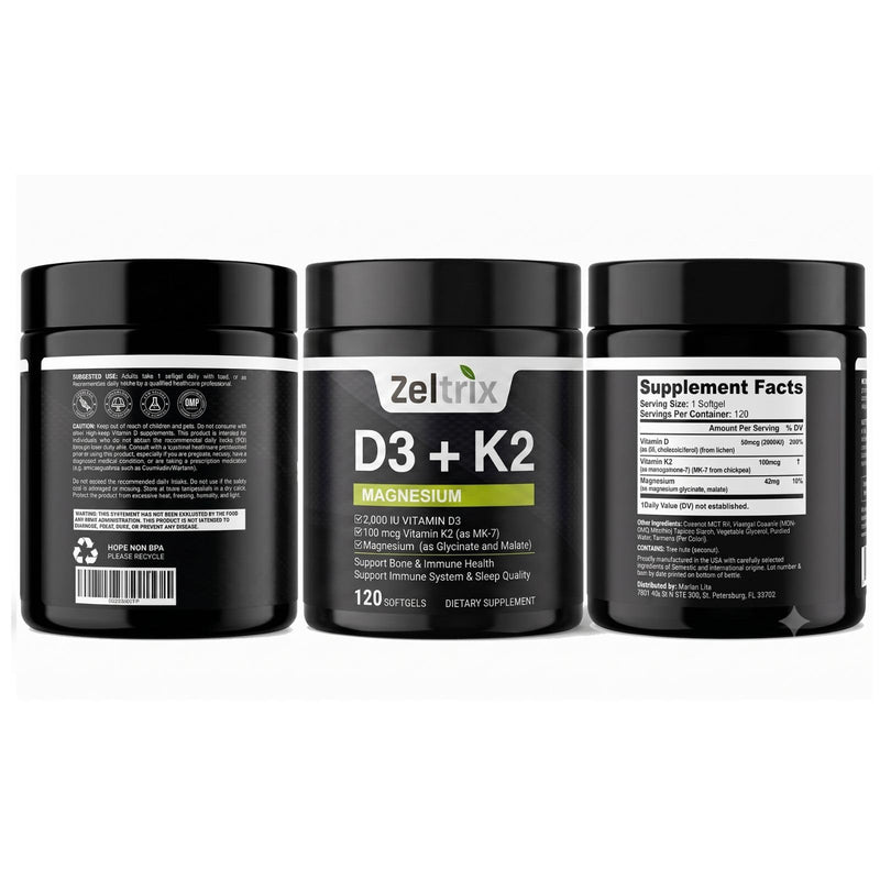 Vitamin D3 + K2 with Magnesium 2000iu (100mcg) MK-7 Glycinate & Malate Supplement 120 Softgels w/Coconut Oil 120 Count (Pack of 1)