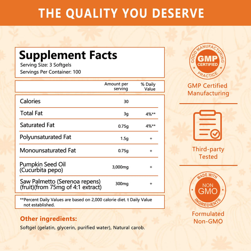 [Australia] - Cold-pressed Pumpkin Seed Oil and Saw Palmetto capsules, 3000 mg per Serving, Rich in Essential Fatty Acids and Phytosterols, Supports Immune, Hair, Bladder, and Prostate Health, Non-GMO, 300 Softgels 300 Count (Pack of 1) 