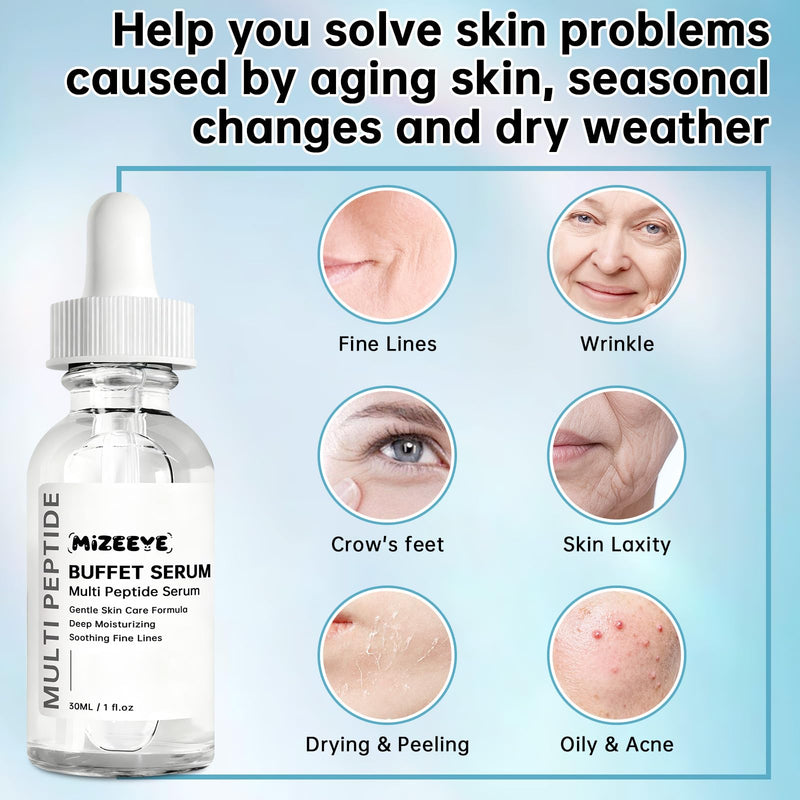 Buffet Peptides Serum For Face 30ml, Multi Peptide + Hyaluronic Acid + Amino Acids + Lactic Acid, Anti-Aging Peptide Serum For Fine Lines & Crow's Feet, Improve Elasticity 1 PCS