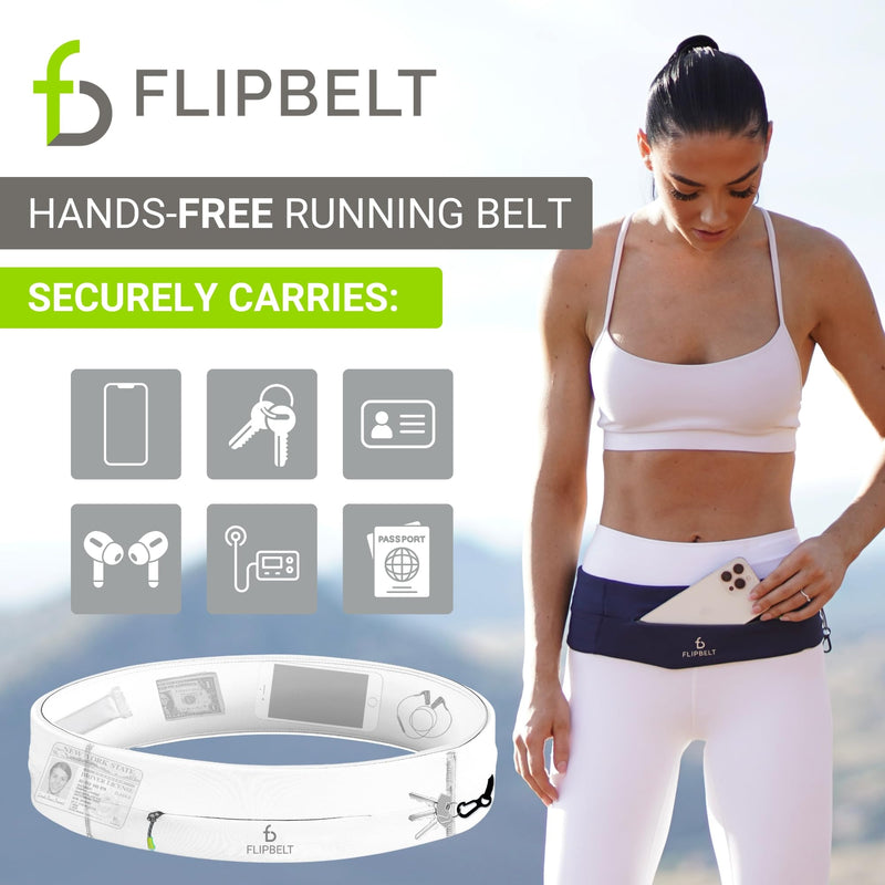 FlipBelt Zipper Running Belt, Waist Pack for Fitness and Running, US Company Medium White
