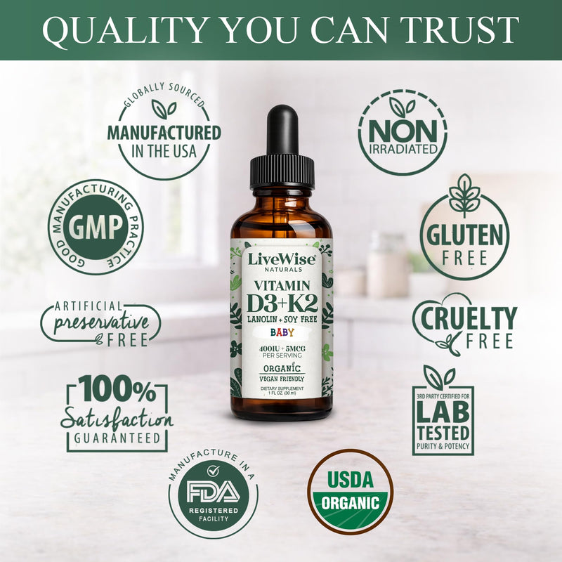 Live Wise Naturals Organic Vitamin D3 K2 Liquid Drops for Babies, (MK-7) | Concentrated Formulation, 225 Servings, Micro-Dose Dropper, Gentle Daily Supplementation, Early Development, Precise Dosing Baby D3+K2 Vegan