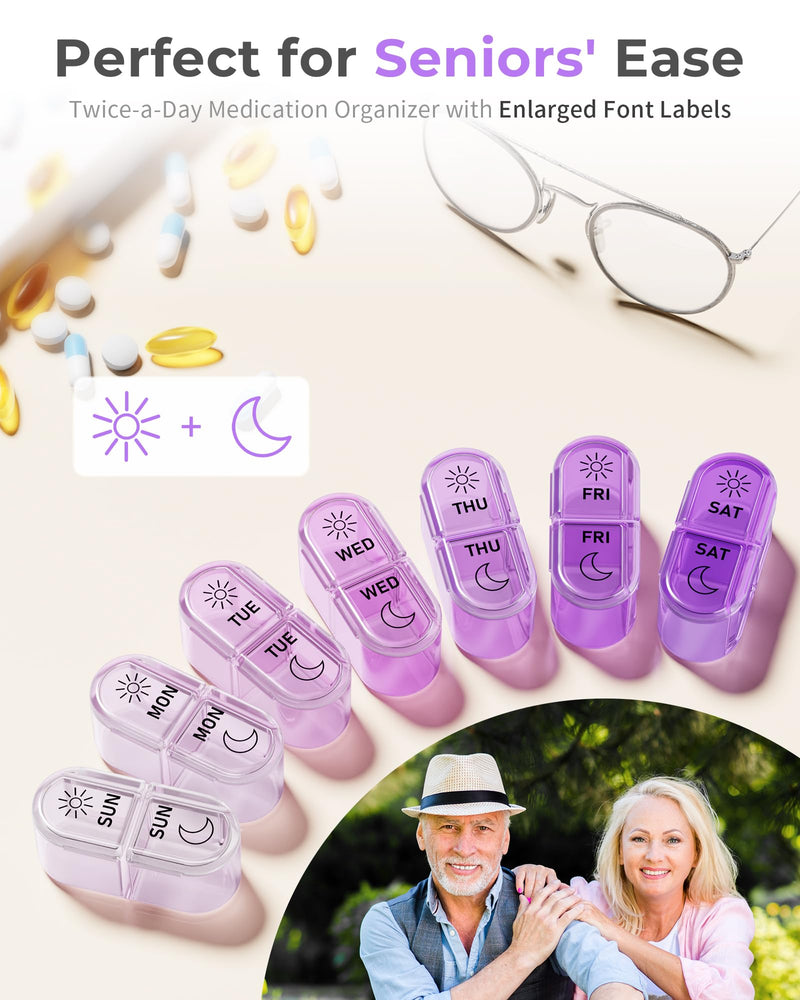 Pillex Pill Organizer, Am & Pm Pill Organizer 7 Days, Weekly Pill Case 2 Times a Day, Cute Pill Box 7 Day, Medicine Organizer for Travel, Vitamins, Fish Oils, Supplements (Gradient Pink-Purple) Gradient Pink-purple