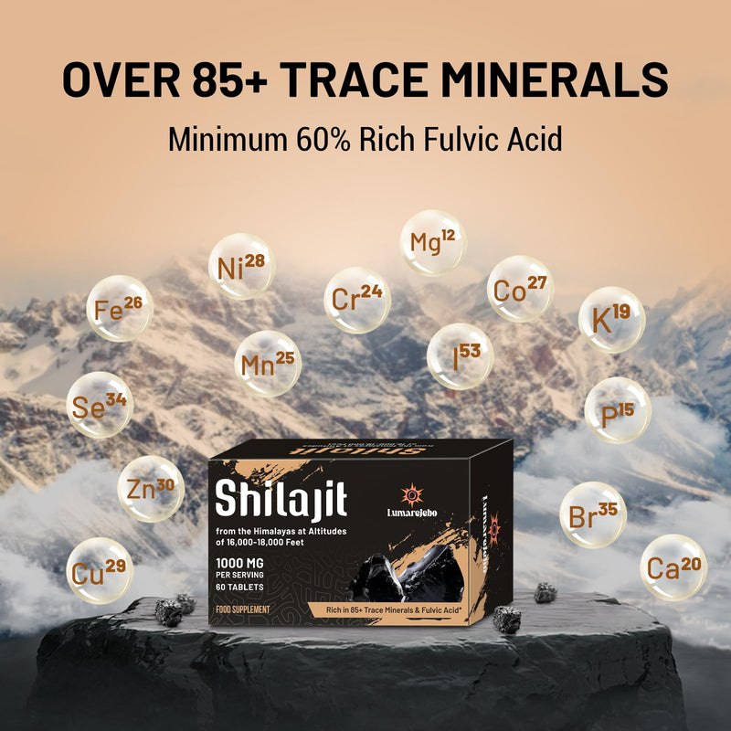 Shilajit Tablets 30,000 mg, 100% Pure High Strength Himalayan Shilajit Tablets, Rich in 60% Fulvic Acid and 85+ Trace Minerals, Energy and Immune Support, 60 Count (Pack of 1) 60 count (Pack of 1)