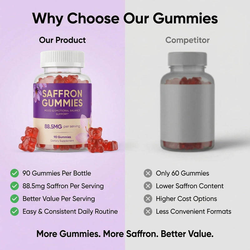 Saffron Gummies – Strawberry Flavor with 88.5mg Premium Saffron Extract Per Serving, Vitamin B6, GABA & Passion Flower, Supports Positive Mood & Focus, Better Sleep Routine, 90 Gummies