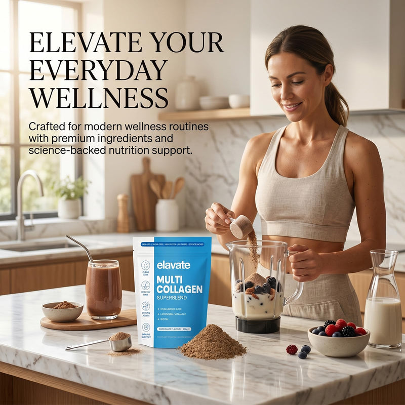 Elevate Multi Collagen Superblend Powder – Chocolate Flavor – 220g Sugar Free Protein Powder with Hyaluronic Acid & Vitamin C. Supports Healthy Skin, Hair, Nails & Joints