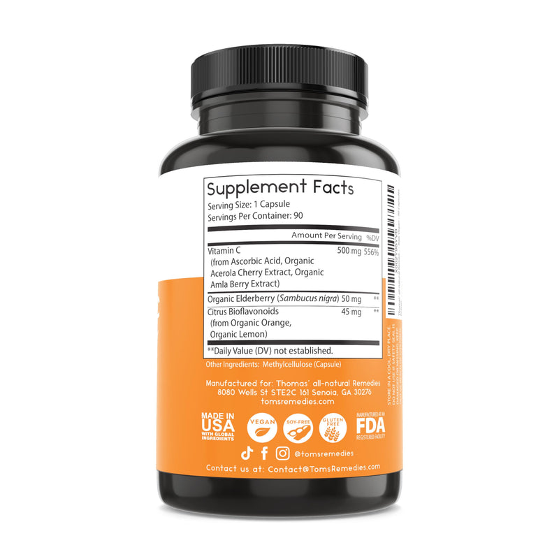 Toms Remedies Vitamin C Supplement with Organic Elderberry Capsules | Whole food formula with organic citrus bioflavonoids, Vegan, 90 capsules Per Bottle.