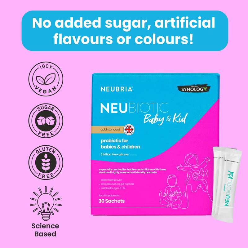 NEUBRIA NEUBIOTIC Baby & Kid Probiotic + Prebiotic Sachets – Lactobacillus & Bifidobacterium with FOS Fibres, Supports Digestive Balance & Gut Microbiome - UK Made - 30 Sachets
