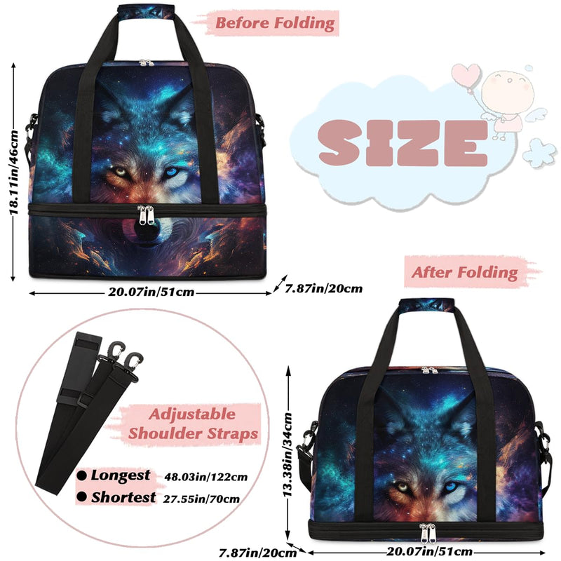 Wolf Large Travel Duffel Bag for Women Men Gym Bag With Shoe Compartment | Animal Galaxy Weekender Overnight Bags Foldie Travel Tote Bag Carry On Personal Item Bag for Travel Hospital Gym Sport B color 13
