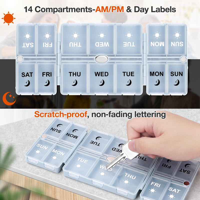 FYY Weekly Pill Organizer 2 Times a Day, Travel Pill Box 7 Day -Blue | AM PM Pill Case,Easy to Use,Privacy Protection,Magnetic Medicine Pill Organizer for Medication,Vitamins,Fish Oils,Supplements Blue Closed size: 4.9 x 3.9 x 1.2 Inch