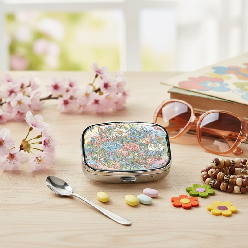Square Pill Case Small Pill Box with Mirror Pocket 2 Compartment Vitamin Pill Medicine Case Organizer Pill Containers for Traveling Blooming Flower Two