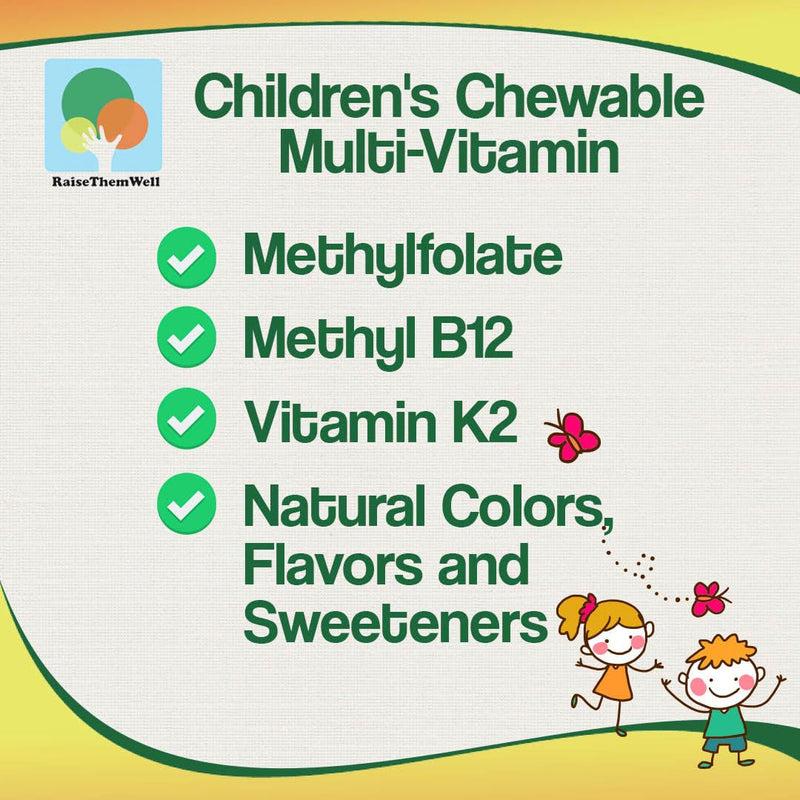 Raise Them Well Kids Multivitamin | Daily Vitamin Nutrition | 60 Tablets | Provides 20 essential vitamins and minerals with K2, methylfolate and methyl B12 | Naturally sweetened strawberry chewables
