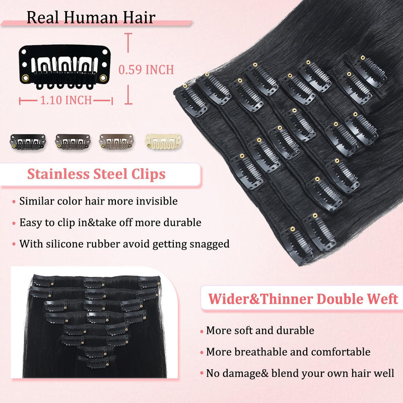 [Australia] - Clip in Hair Extensions Real Human Hair Clip in Extensions for Women Seamless Invisible Jet Black Natural Remy 100% Human Clips ins Extension 8pcs Double Weft 20 inch 3.7oz/105g 20 Inch-105g #1 Jet Black 