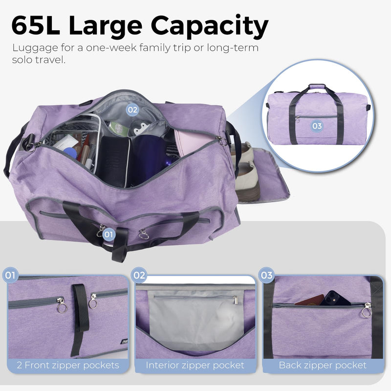 65L Duffle Bag Foldable Travel Duffel Bags for Men Women Travel Bag | Shoes Compartment, 65L Large Capacity, Foldable, Packable, Water Repellent, Tear Resistant, for Traveling Gym Overnight Camp Textured Purple