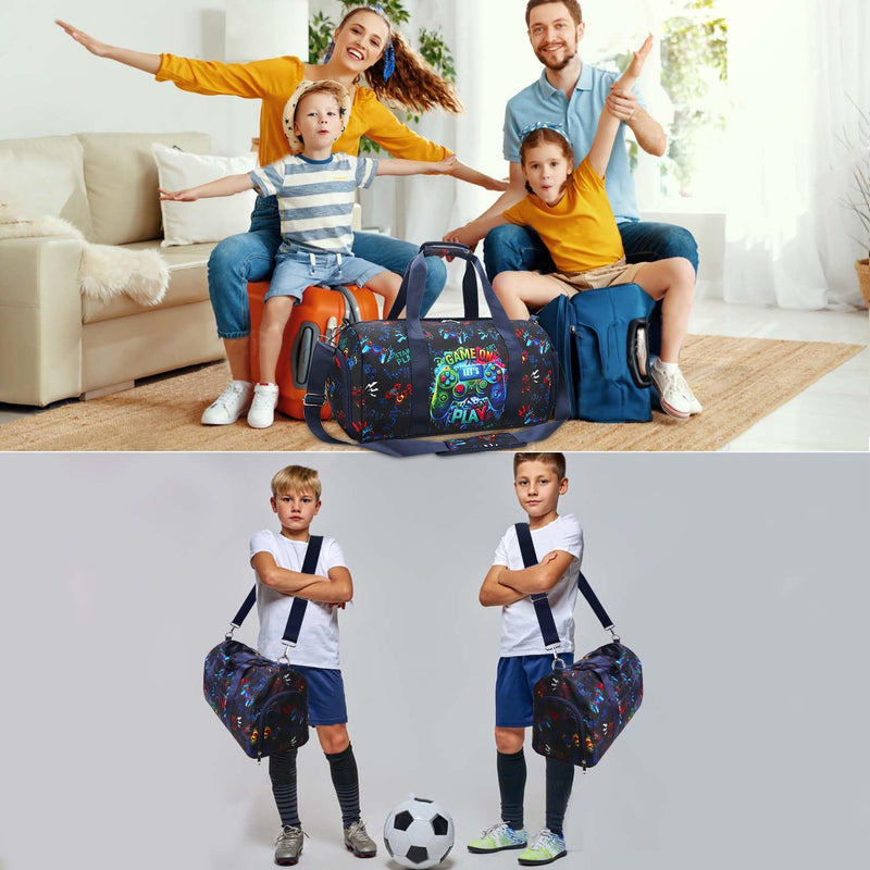 Gym Travel Duffle Bag for Girls - Gymnastics Sports Dance Bag with Shoe Compartment & Wet Pocket Panda Kids Travel Bag Teens Weekender Sleepover Carry On Bag Deep Blue Game