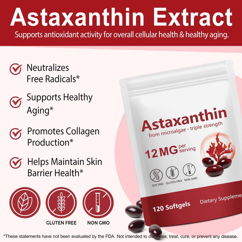 Astaxanthin Supplements, Premium Astaxanthin Softgels Antioxidant Supplement, Immune System Health, Non-GMO & No Gluten - 120 Softgels