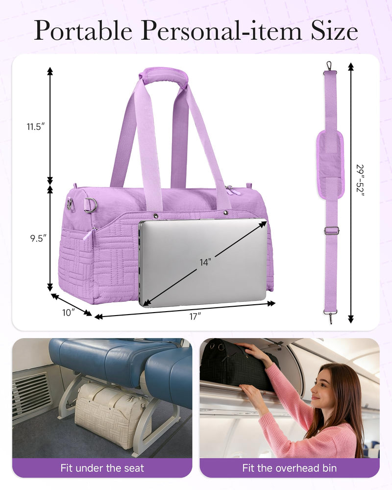 Carry On Travel Bag for Women, Personal Item Weekender, Purple | 17"X10"X9.5" , 25L, Quilted Carry On Personal Item Bag for Airlines, Underseat Travel Bag for Weekend Trips, Overnight, Gym Violet