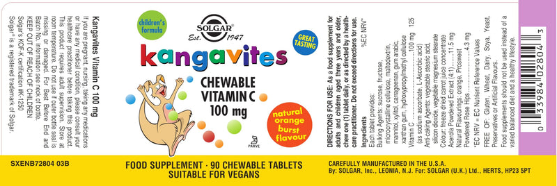 Solgar Kangavites Natural Orange Burst Vitamin C 100 mg Chewable Tablets - Pack of 90 - Children's Immune Support Supplement - Natural Orange Flavour