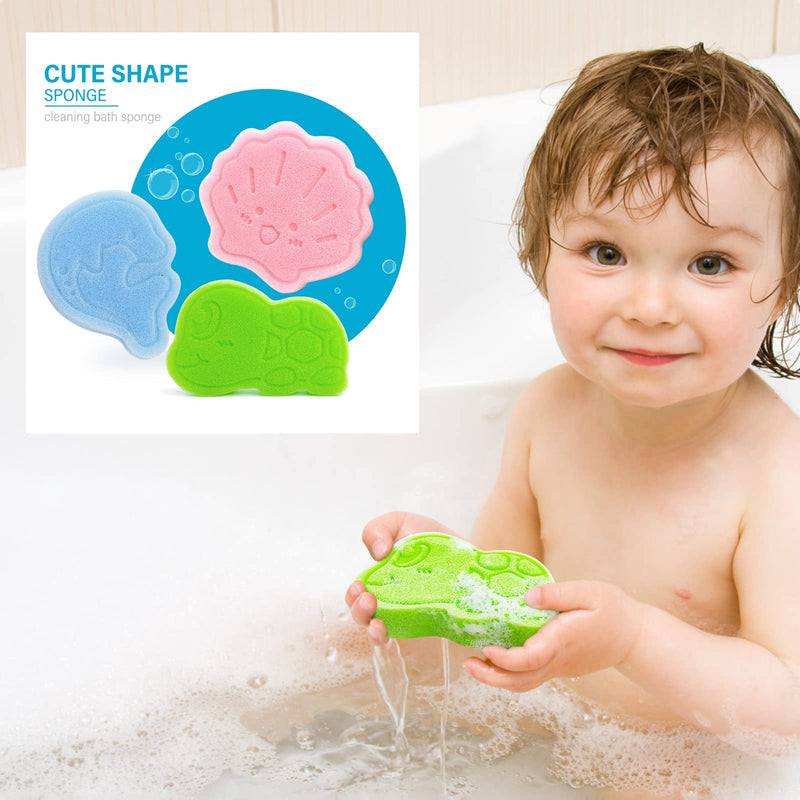 [Australia] - Baby Bath Sponge, Natural Cute Shapes Soft Shower Sponges for Bathing, Bathtub Foam for Infants and Toddler, 3pcs : Blue Dolphin, Pink Shell, Green Turtle 