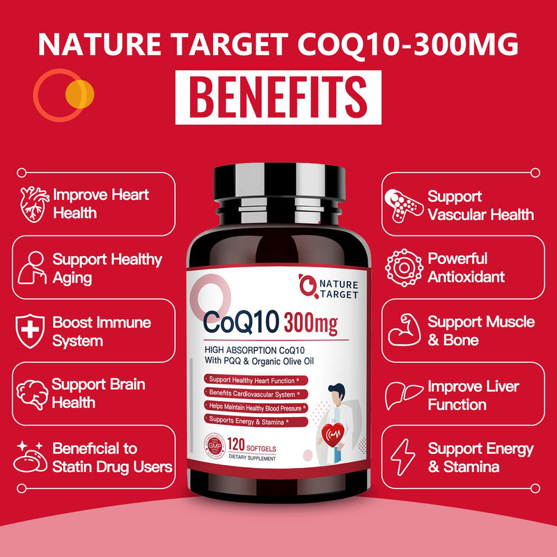 [Australia] - NATURE TARGET CoQ10-300mg-Softgels + PQQ with Organic-Olive-Oil - High Absorption-Coenzyme-Q10 - Antioxidant-for-Heart-Health and Immune Support, Energy Production, 120 Servings 