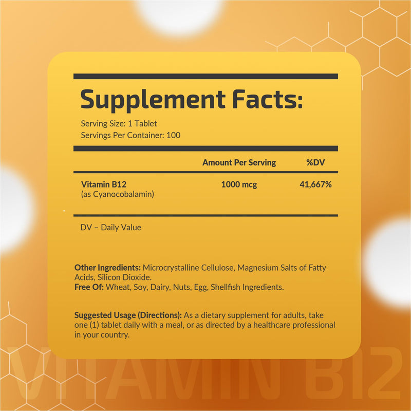 Vitamin B12 1000 mcg - 100 Tablets, Cyanocobalamin, High Potency | High-potency cyanocobalamin supports energy production, metabolism, healthy red blood cells & nervous system function.