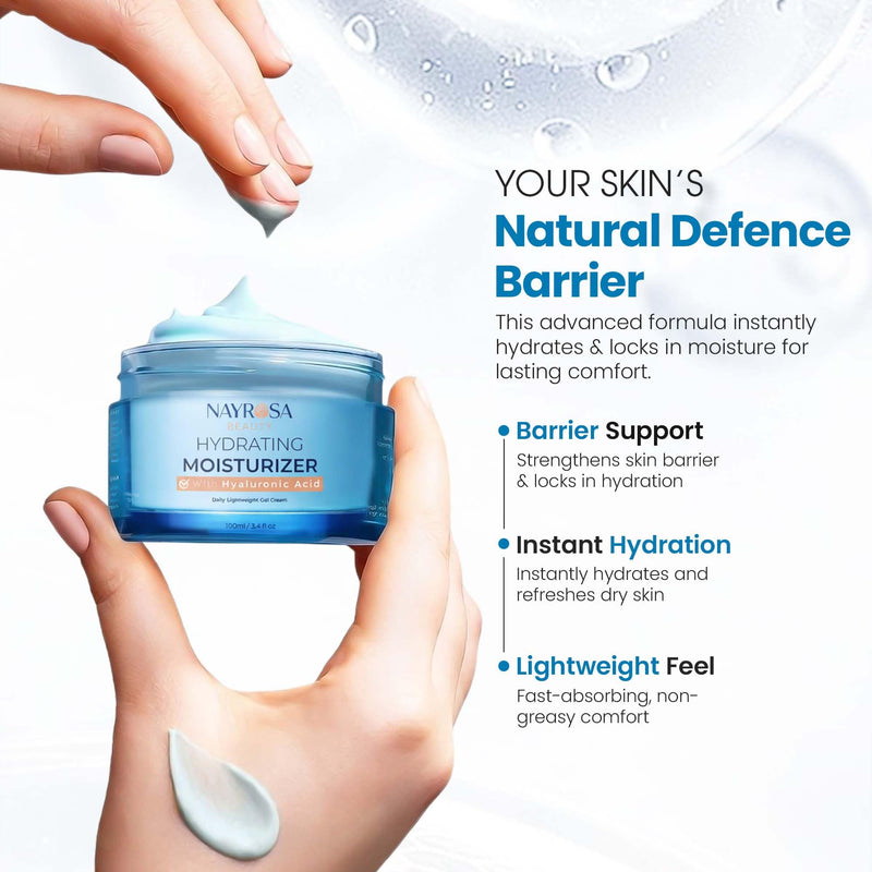 NAYROSA Hyaluronic Acid Gel Moisturizer Cream with Vitamin E, 100ml | 48 Hr Hydration, Lightweight Water Cream for Normal/Dry Skin, Plumping & Smoothing Daily Moisturizer-Korean Skincare