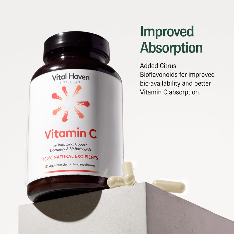 Vitamin C Supplement: Non-Acid VIT C + Iron/Zinc/Copper/Calcium with Citrus Bioflavanoids & Elderberry - UK Made