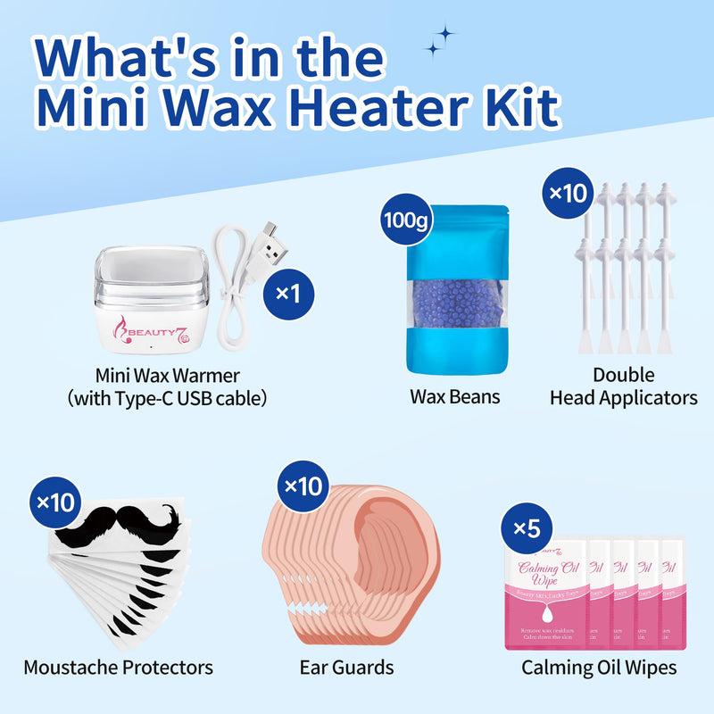 Beauty7 Nose Wax Kit, Ear Nose Waxing Kit for Women and Men, Portable Wax Warmer for Facical Hair Removal, USB Rapid Heating, 100g Waxing Beads, 10 Applicators, 10 Mustache Patches, 5 Calming Oil Wips