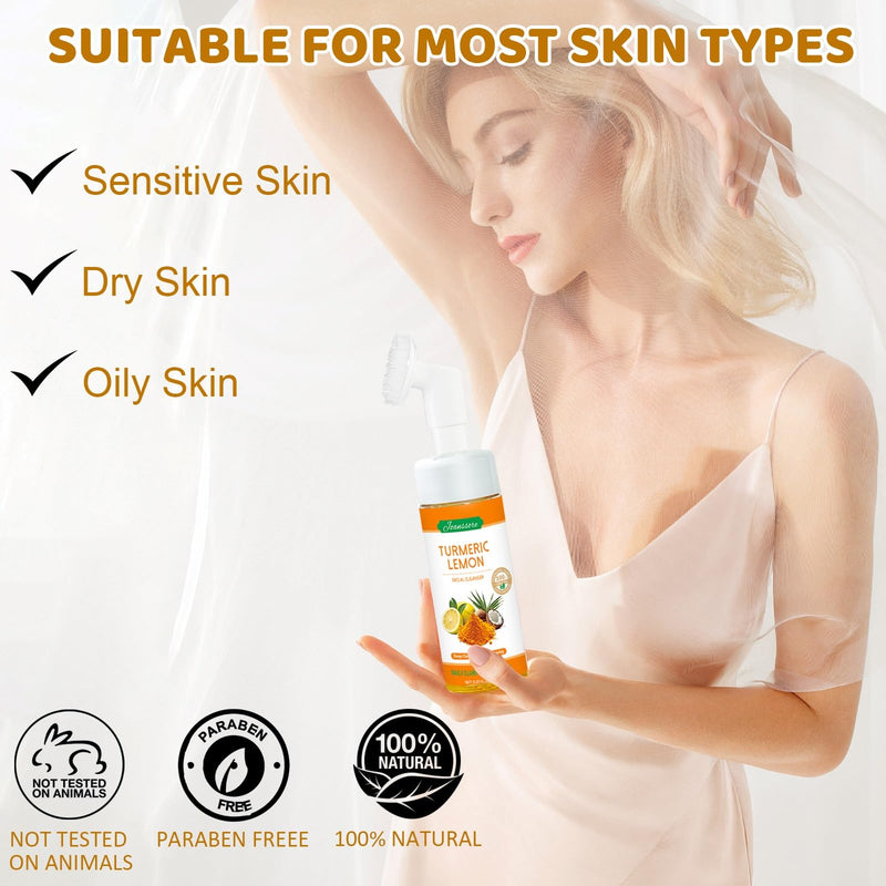2PCS Turmeric Lemon Face Wash with Brush, Vitamin C Foaming Face Cleanser | Turmeric Soap Lemon Soap Deep Clean with Coconut Oil, Foaming Facial Cleanser for All Skin, 150g/5.07 FL Oz x2