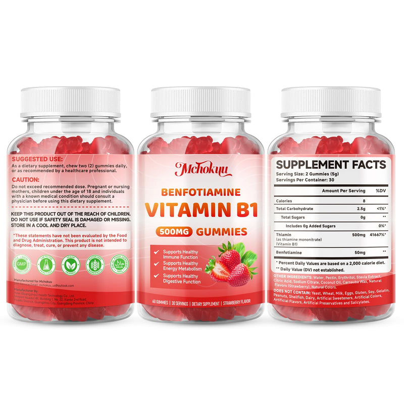 Vitamin B1 Gummies 500mg with Benfotiamine – Thiamine Supplement for Women & Men Supports Healthy Energy Metabolism & Immune, Sugar-Free | Vegan | Non-GMO, Natural Strawberry Flavor, 120 Count 60 Count (Pack of 2)