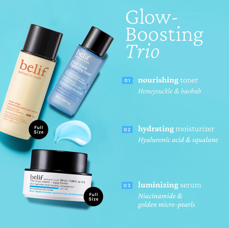 belif Gift Set - Aqua Bomb Daily Face Moisturizer, Niacinamide Vitamin C Golden Glow Serum, Aqua Bomb Hydrating Toner - Hyaluronic Acid, For All Skin Types, Korean Skin Care
