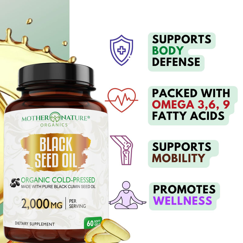 [Australia] - Organic Black Seed Oil 2000mg - 60 Softgel Capsules (Non-GMO) Premium Cold-Pressed Nigella Sativa - Black Cumin Seed Oil with Omega 3, 6, 9 - Darkest, Highest TQ Content… 