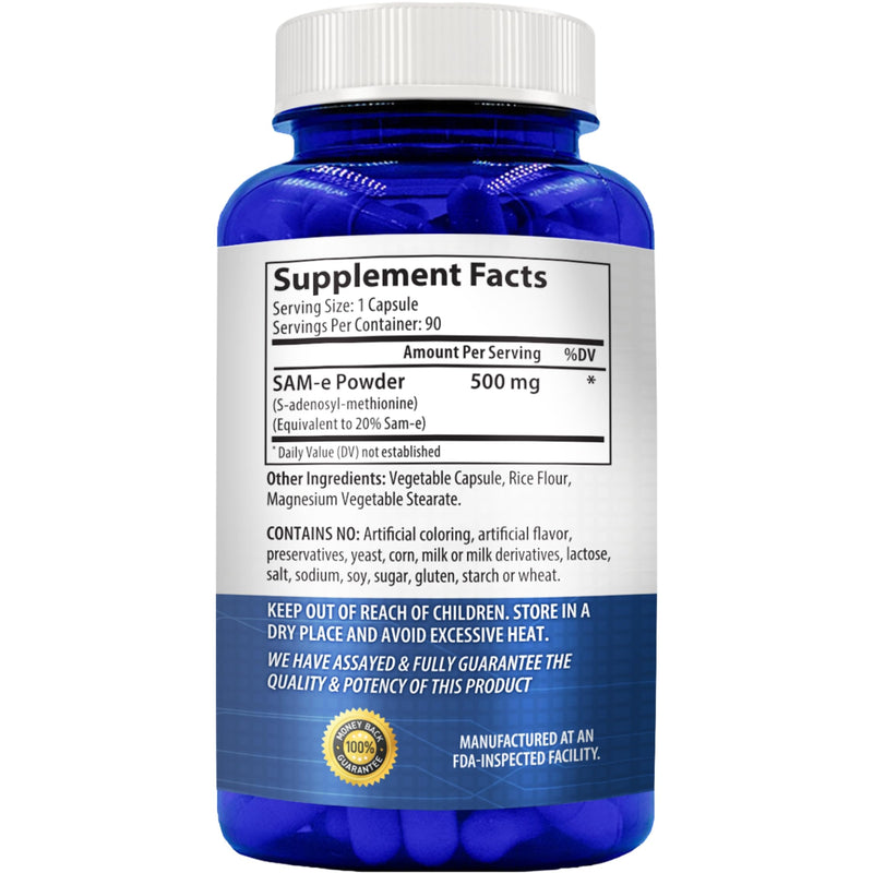 SAM-E Supplement 500mg | Easy Absorption S-Adenosyl-L-Methionine SAM-e 500mg for Bone and Mood Support Supplement | Made in The USA Non-GMO and Gluten Free (90 Day Supply)