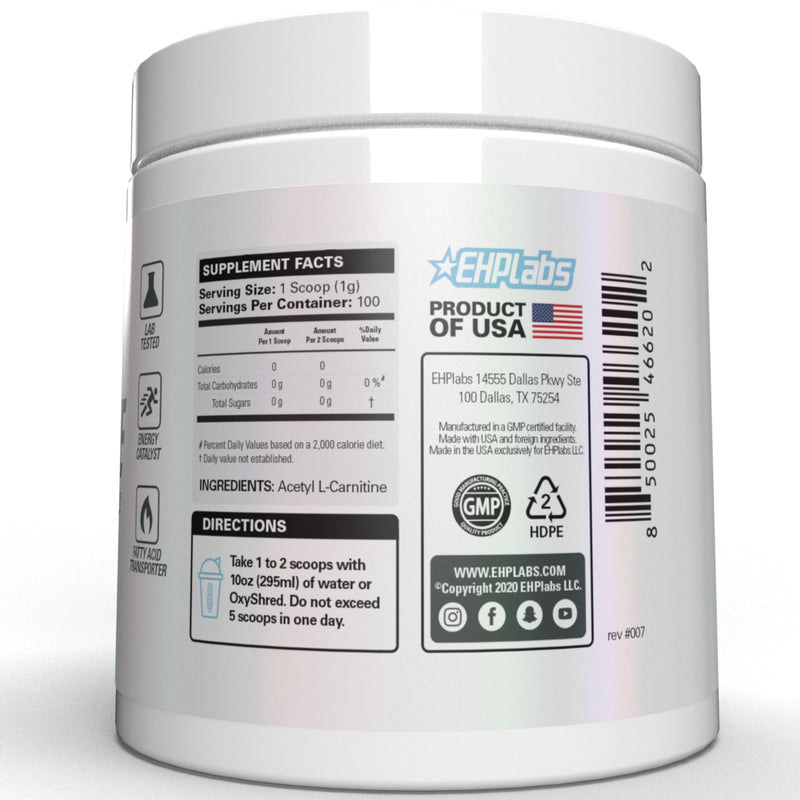 [Australia] - EHP Labs Acetyl L Carnitine Powder - Supports Natural Energy Production, Assists in Healthy Brain Function, Supports Heart Health, Vegan, Gluten Free, Non GMO - 100 Servings 