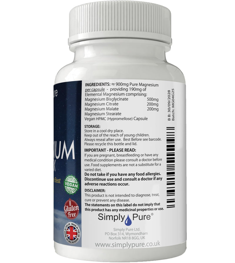 Magnesium Complex for Restful Sleep | 900mg Capsules x 80 | 100% Pure Magnesium | Gluten Free | GM Free | Vegan