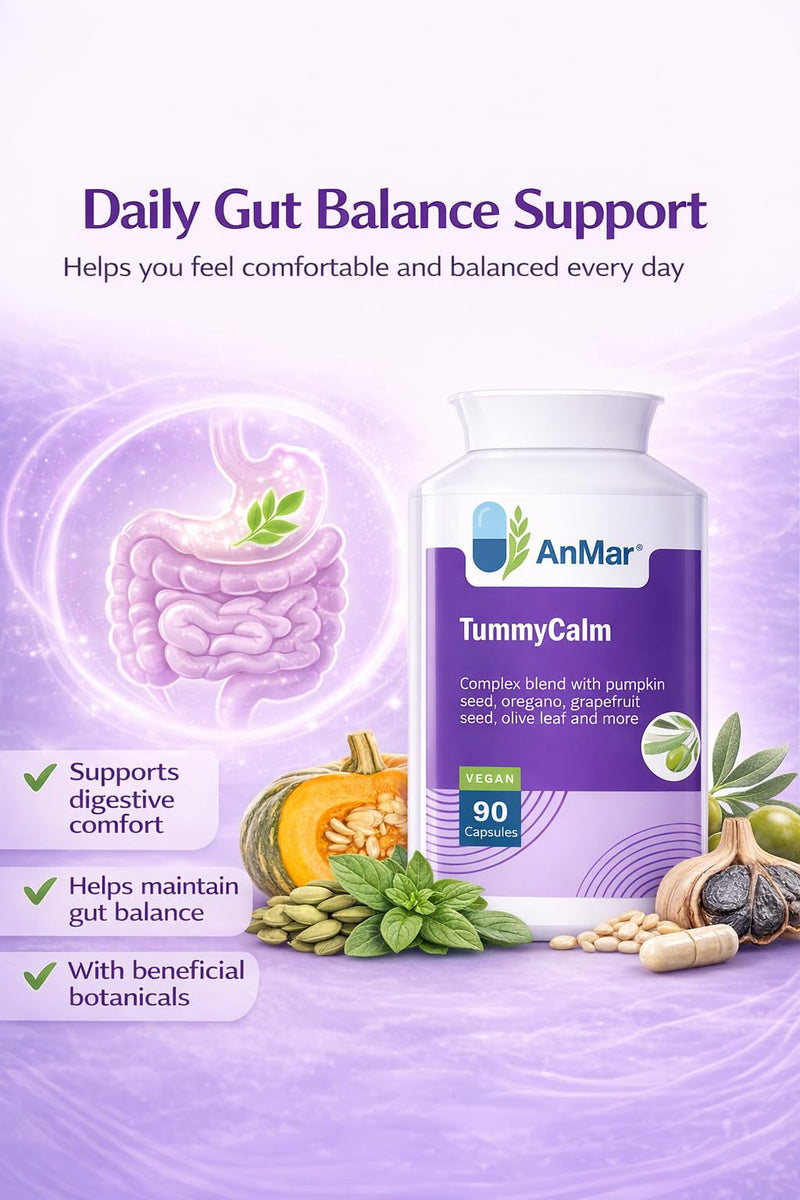 AnMar® TummyCalm Digestive Botanical Complex – Pumpkin Seed, Oregano Leaf, Grapefruit Seed & Olive Leaf Extract – Herbal Digestive Support Supplement – Vegan Capsules – 90 Capsules
