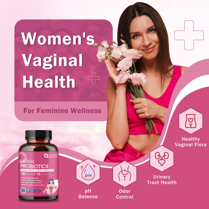[Australia] - NATURE TARGET Vaginal Womens Probiotics, 100 Billion CFUs Probiotics & Prebiotics with Digestive Enzymes, Cranberry & D-Mannose - Supports pH Balance, Odor & Urinary Tract Health - 90 Capsules 90 Count (Pack of 1) 