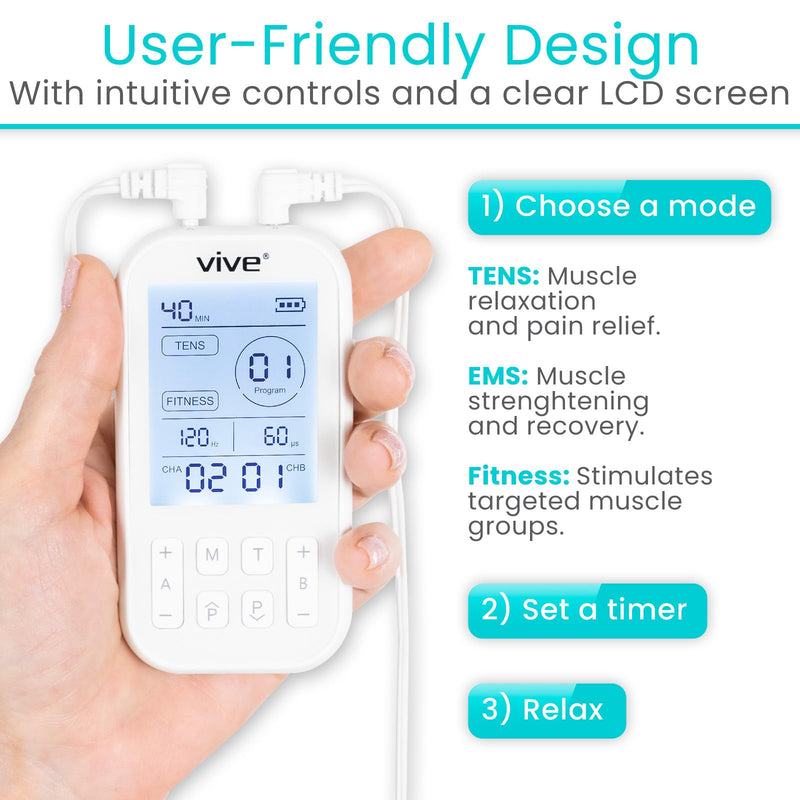 Vive Stim Machine for Muscle Recovery - 24 Mode Tens Unit Stimulator for Pain Relief Therapy - 24 EMS & 12 Fitness Models with Electrodes for Period Cramps, Physical Therapy - Stimulation Device