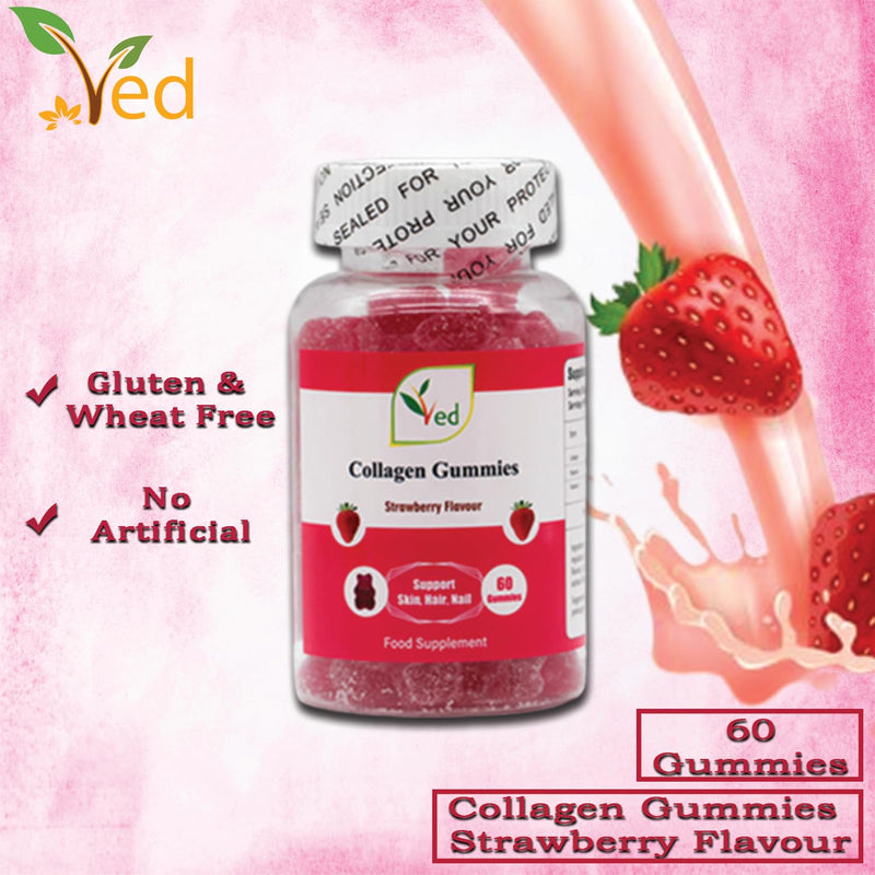 Ved Collagen Gummie Chew Gummies Strawberry Flavour, Raw Unfiltered Collagen Gummies with Vitamin C, Vitamin E, Health Supplement for Men and Women- 60 Chews 30 Days’ Supply