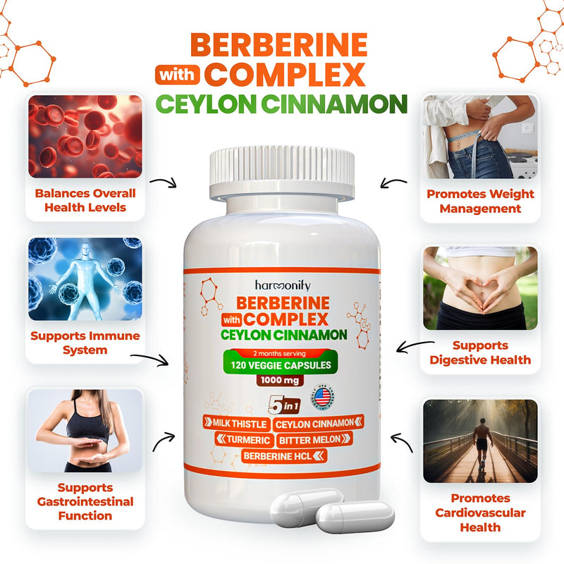 Berberine Supplement with Ceylon Cinnamon, Milk Thistle, Turmeric, Bitter Melon Complex, Immune Supports, 120 Capsules, 1000 mg, Vegan, Non-GMO