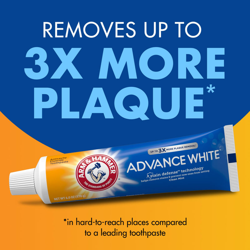 [Australia] - ARM & HAMMER Advance White Toothpaste, Teeth Whitening Baking Soda Toothpaste with Stain Defense Technology and Fluoride, Clean Mint Flavor, 6.0 Oz (4 Pack) 6 Ounce (Pack of 4) Tooth Cleaning Agent 