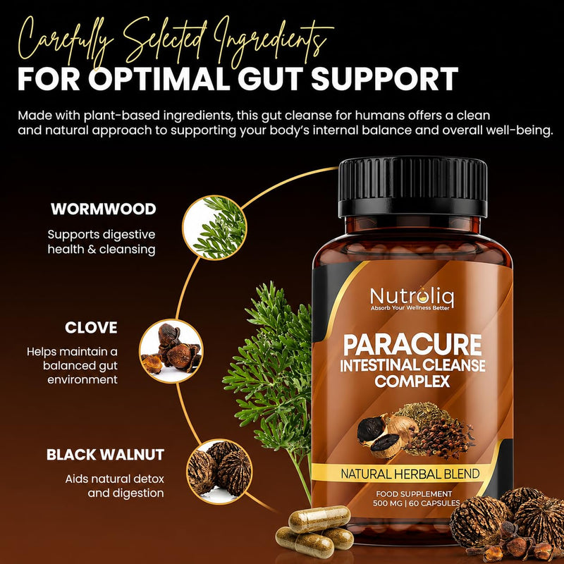 Nutroliq Intestinal Cleanse Complex - Dietary Supplement with Organic Wormwood Black Walnut and Clove Extract - Natural Herbal Blend for Digestive Wellness - 1000mg per Serving - 60 Capsules 60 count (Pack of 1)