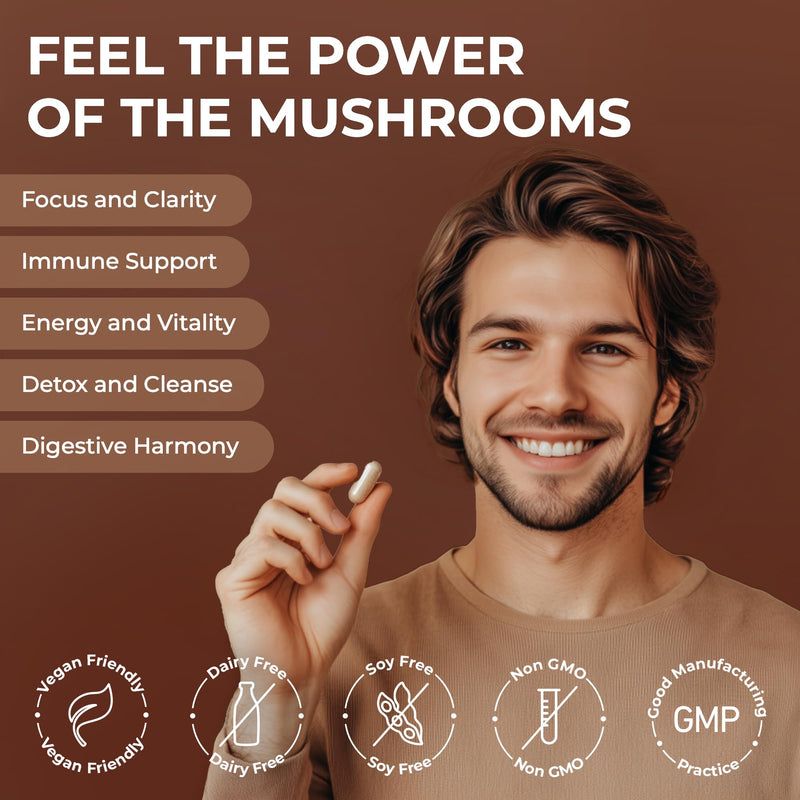 4000mg 6 Mushroom Complex with Ashwaghandha KSM-66, Lions Mane, Cordyceps, Shiitake, Reishi, Chaga and Maitake, 120 Capsules, 2/Day Focus and Brain Support Herbal Nootropic - 40% Polysaccharides