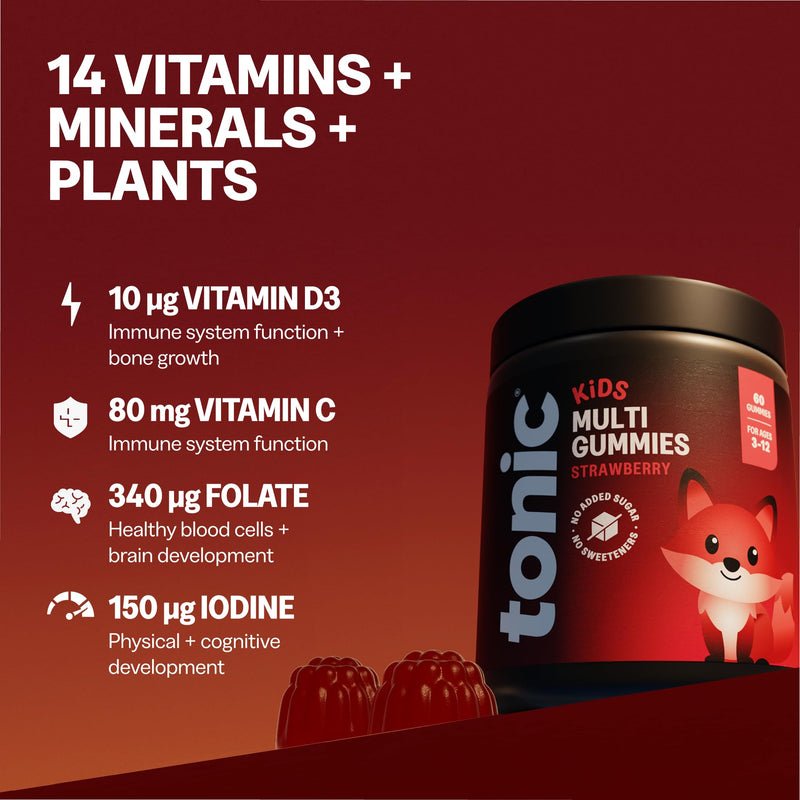 Tonic Health Kids Vitamins Gummies - 14 in 1 Kids Multivitamin with Vitamins A, C, D, E and Zinc, Strawberry Flavour, Month Supply (60 Count), Ages 3-12, No Added Sugar, No Sweeteners, Vegan 60 count (Pack of 1)
