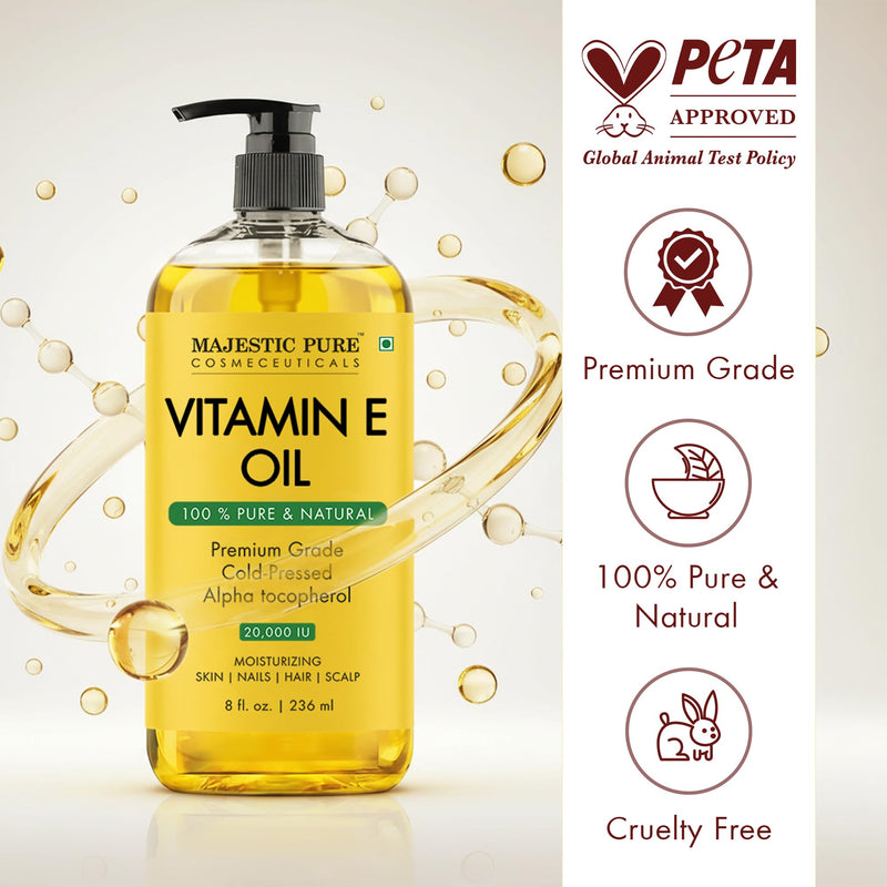 Majestic Pure Vitamin E Oil 100% Pure & Natural Body Oil - 8 Fl Oz | Cold Pressed & Hexane Free Carrier Oil for Moisturizing Dry Skin,Scars, Hair, Eyelashes, Eyebrows, Body, Face, Nails & Scalp 8 Fl Oz (Pack of 1)